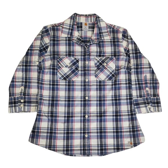 Carhartt Women's Blue/Pink Plaid Button Up 3/4 Sleeve Work Shirt Size XL (16/18) - Picture 2 of 11